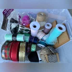 Tub of Ribbon, Tulle, Burlap, Wool, Yarn, Packaging boxes, stickers
